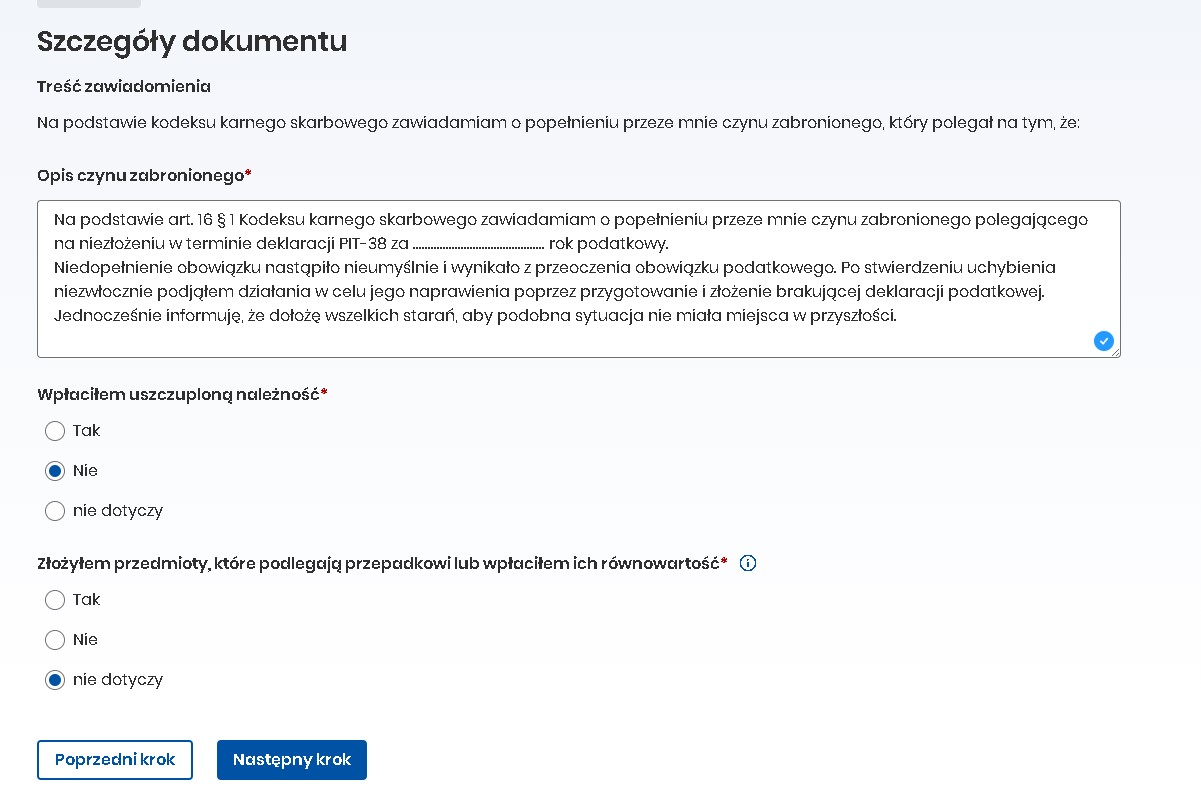 Opis czynu zabronionego i opcje